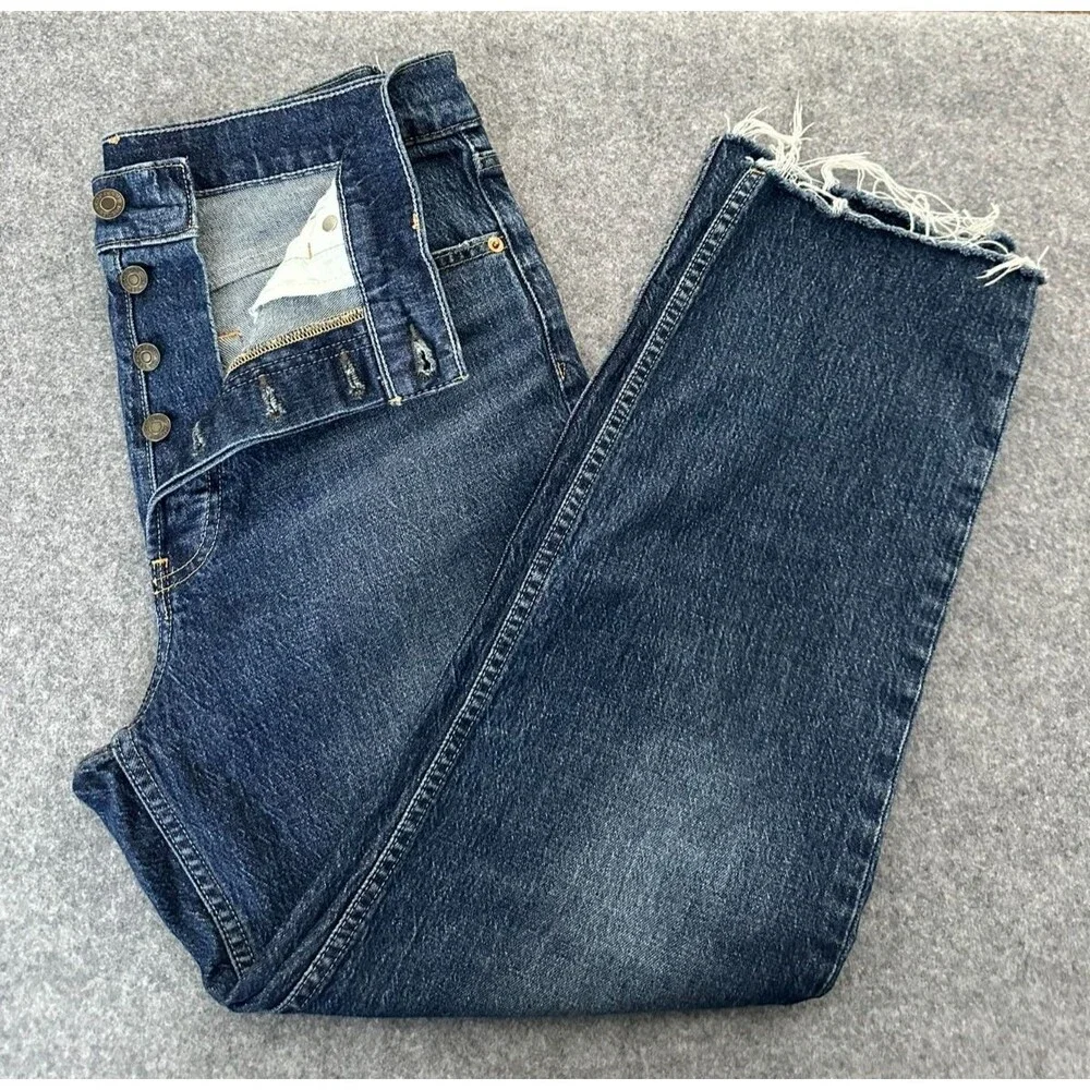 GAP Cheeky Straight High Rise Cropped Jeans 10R/31 Dark Wash Raw Hem Button Fly - Picture 1 of 13